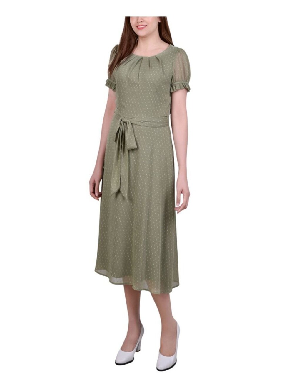 NWT NY Collection Knee Length Tie Pintuck Waist Midi Dress MCCD0396D Green L